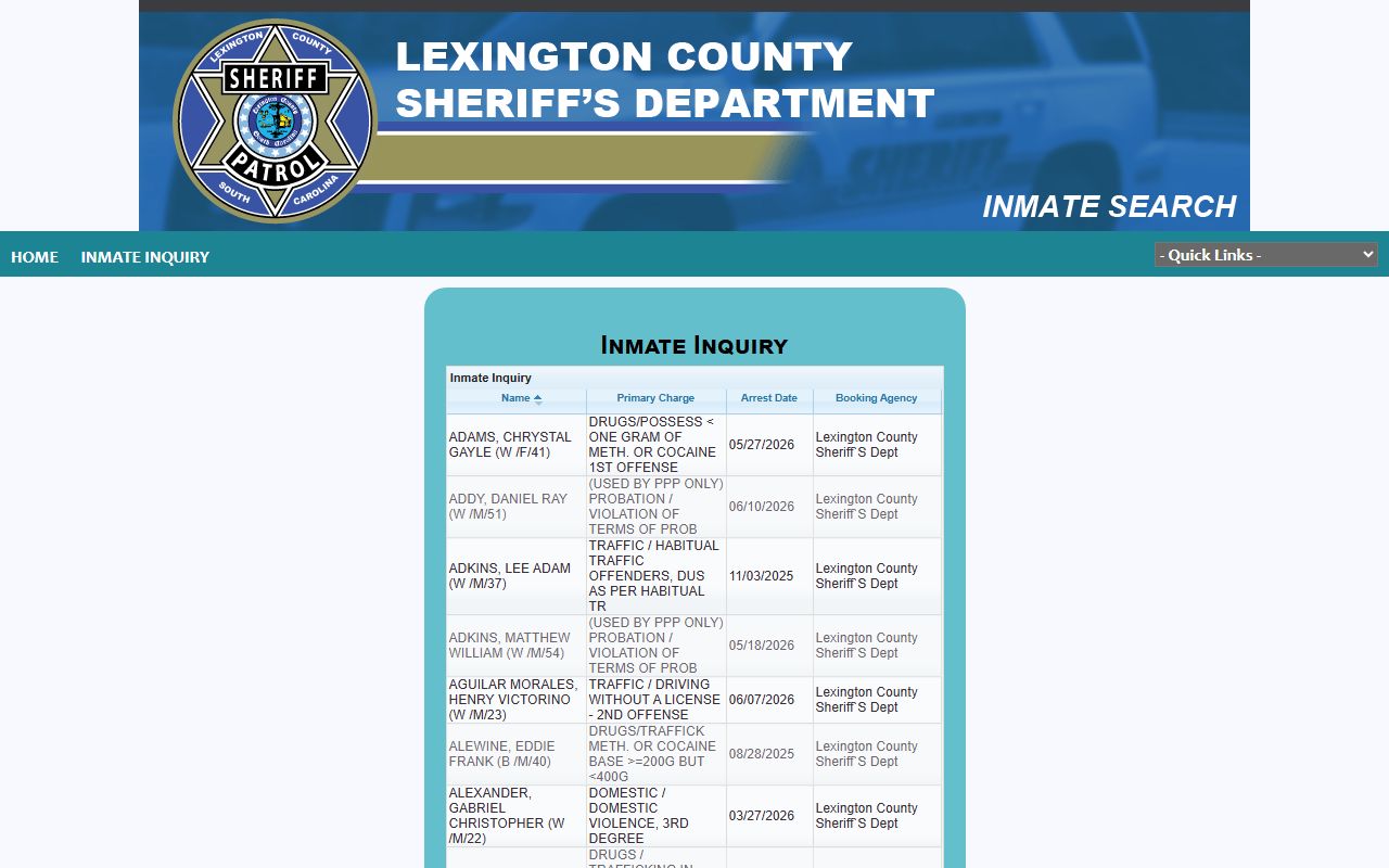 Lexington County arrest records P2C inmate inquiry