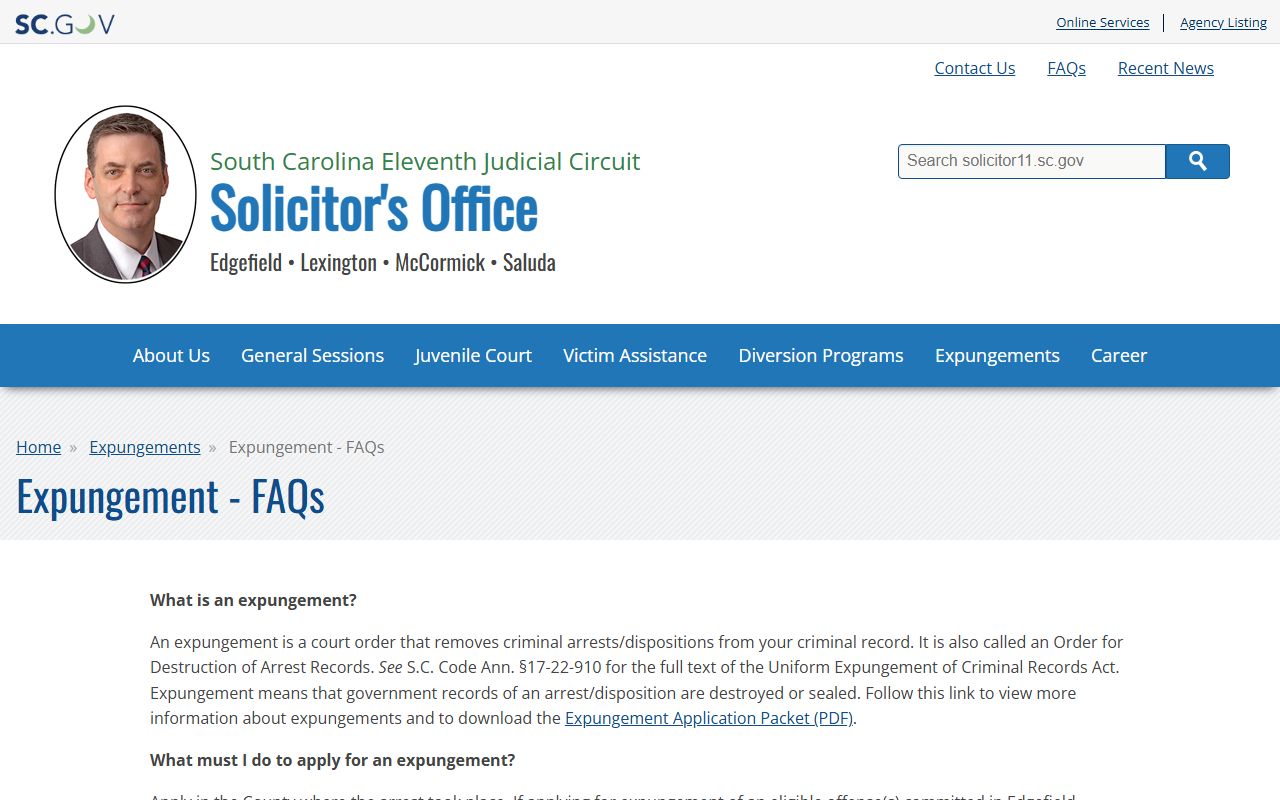 Lexington County criminal court records expungement FAQ