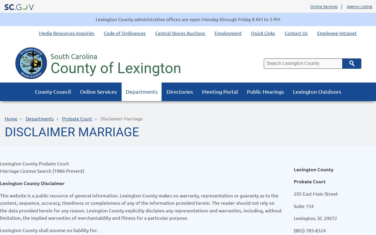 Lexington County marriage divorce records marriage search disclaimer