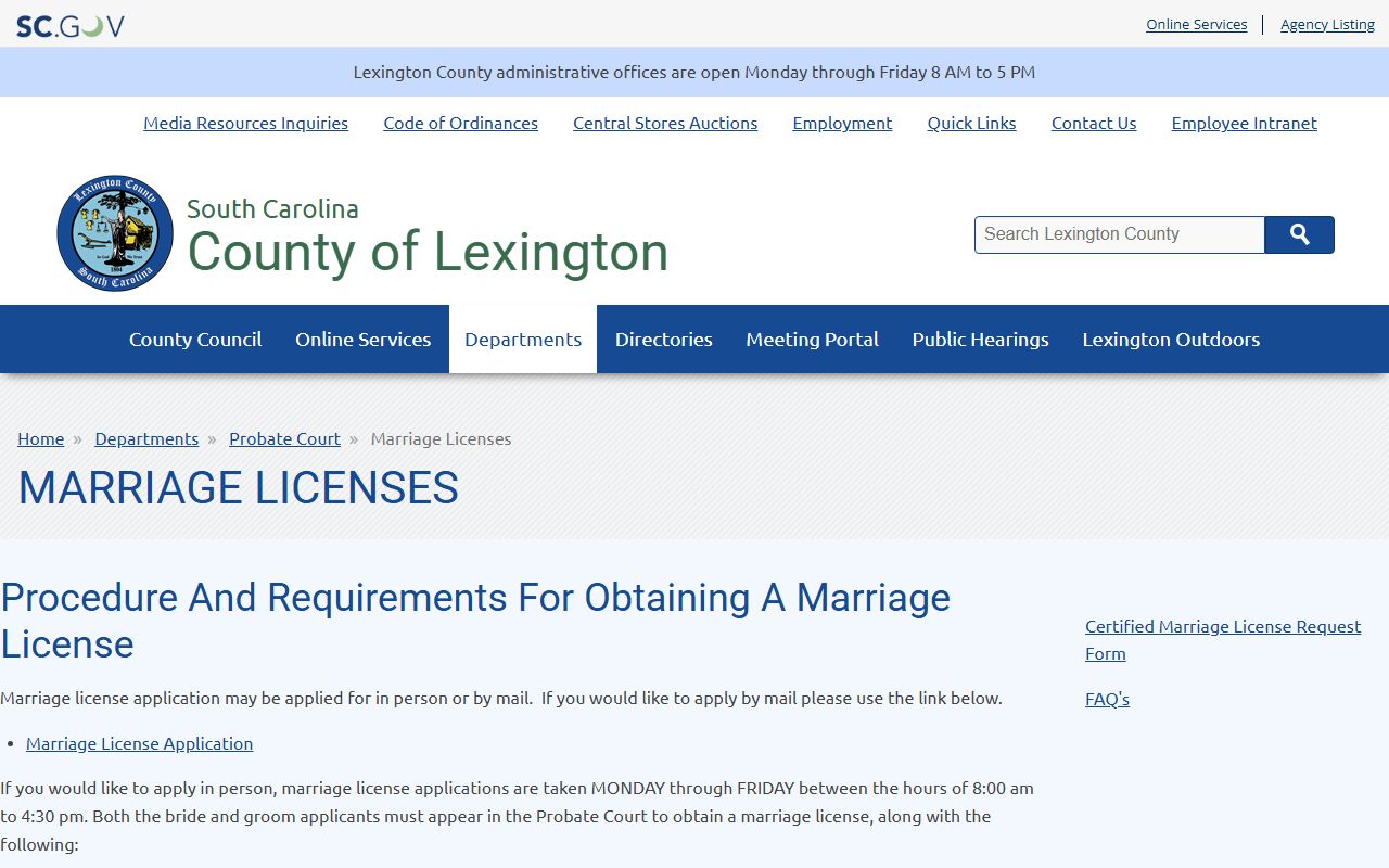 Lexington County marriage divorce records marriage license page