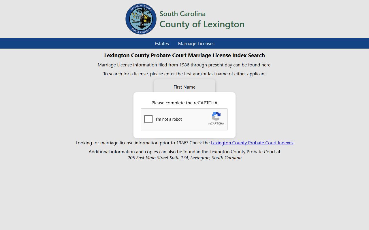 Lexington County marriage divorce records Probate marriage search