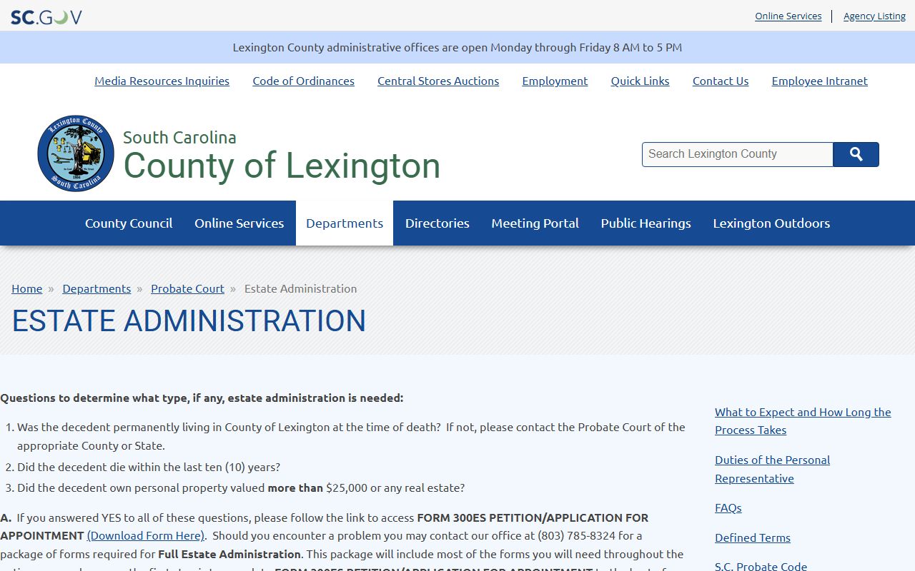 Lexington County probate records estate administration instructions
