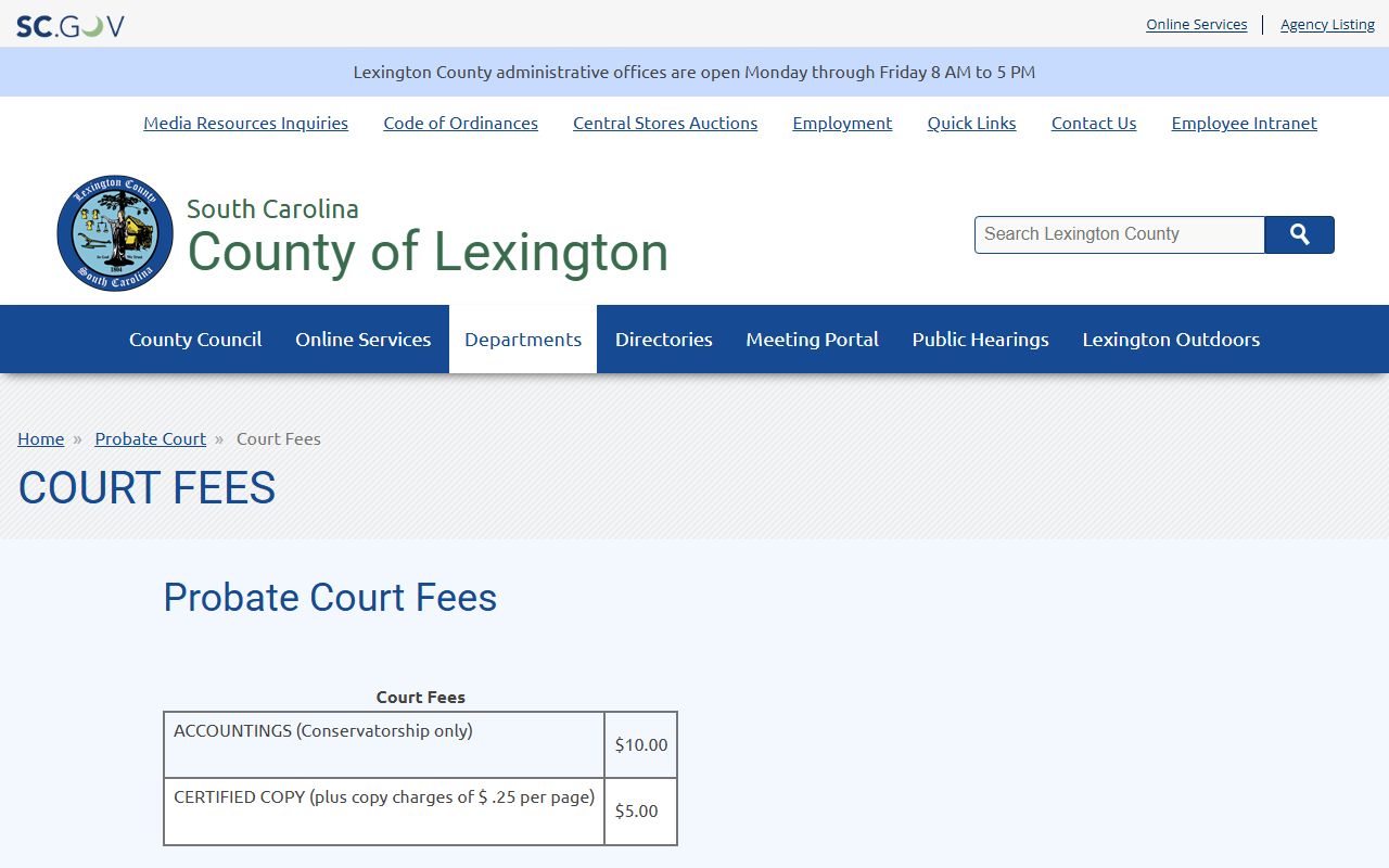 Lexington County probate records Probate Court fees
