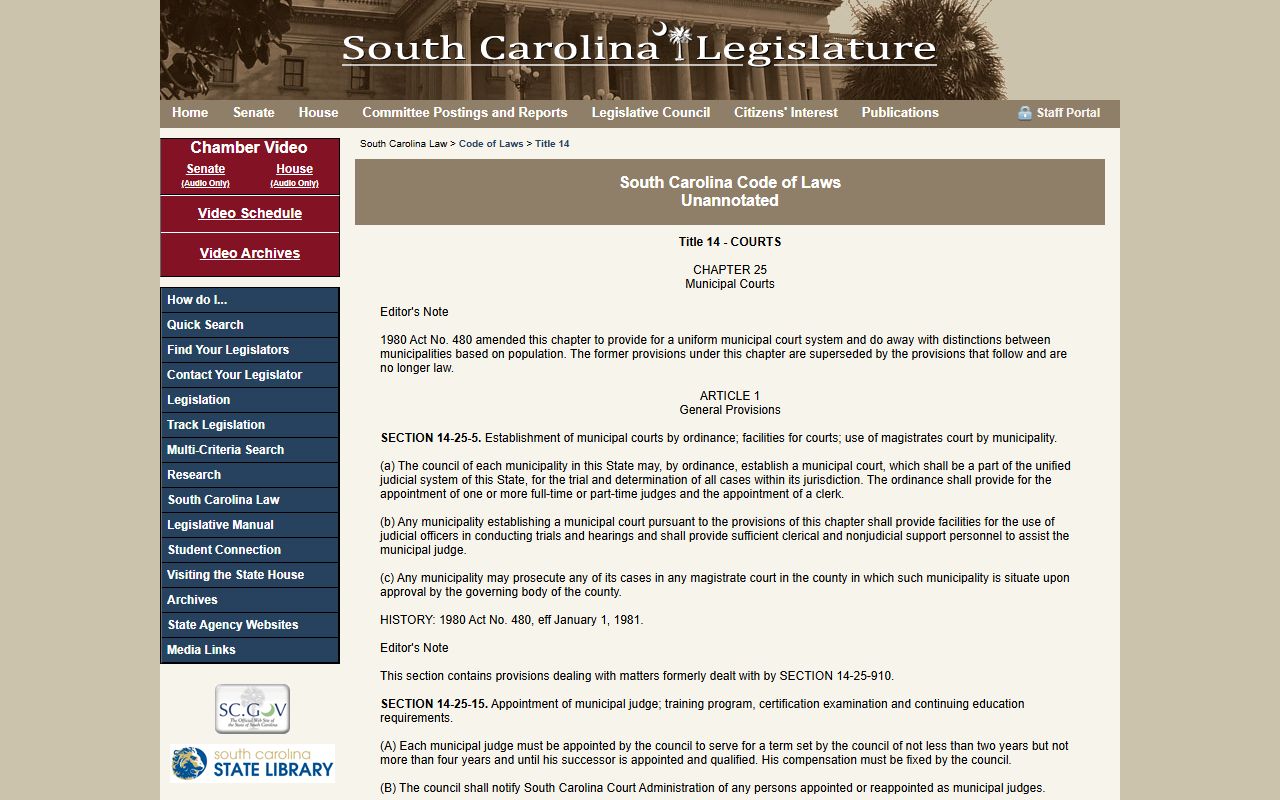 Lexington County traffic court records Municipal Court jurisdiction statute