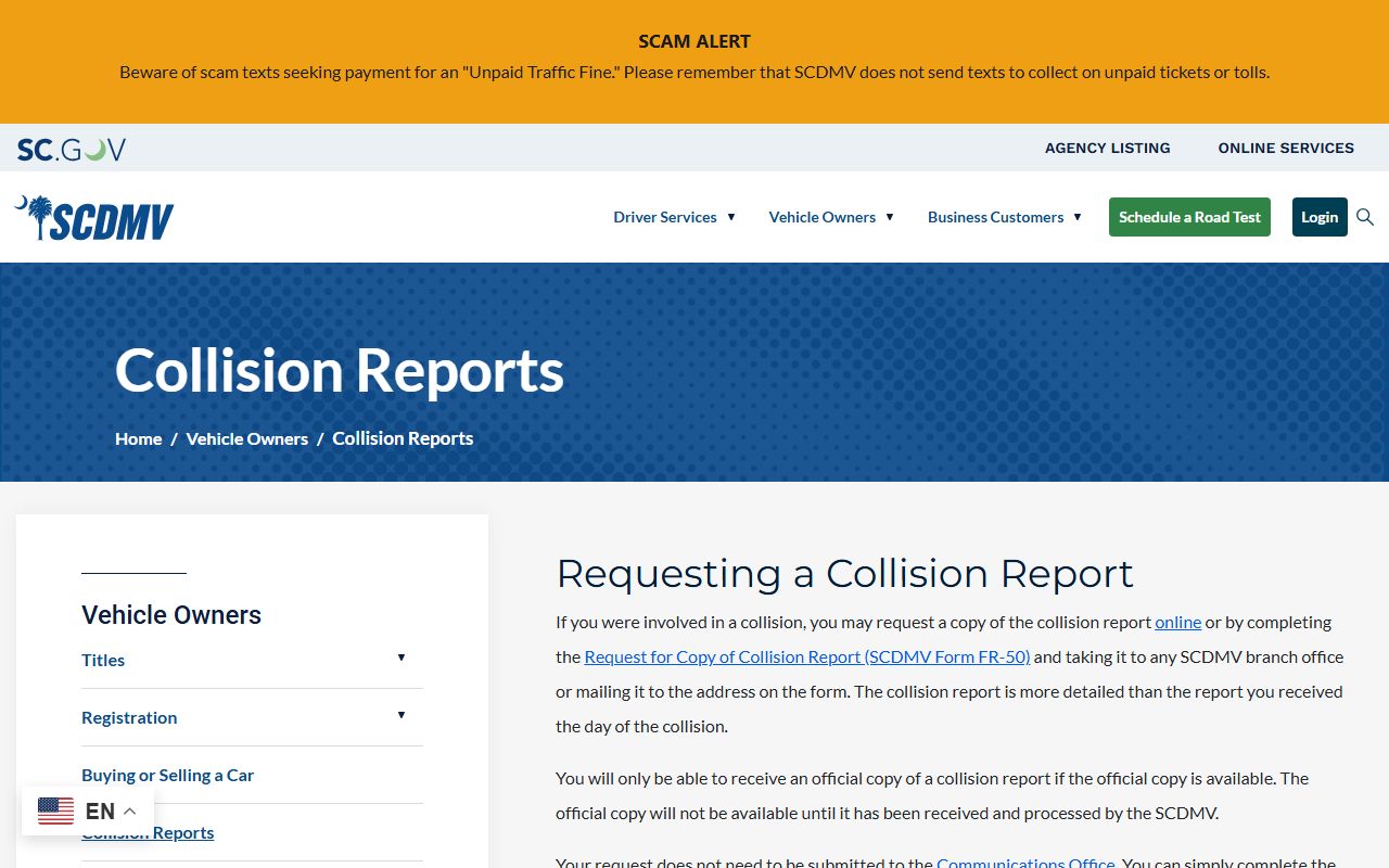 Lexington County traffic court records SCDMV collision report page