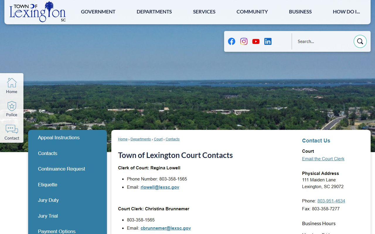 Lexington County traffic court records Town of Lexington court contacts