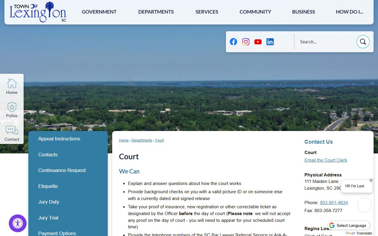 Lexington County traffic court records Town of Lexington Municipal Court page