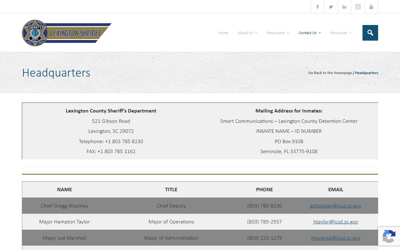 Lexington County warrant records Sheriff headquarters contact page